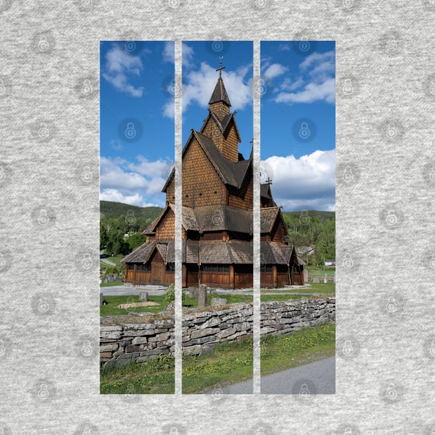 Medieval graveyard and Heddal wooden stave church. Heddal Stavkirke, 13th century. Largest stave church in Norway. Sunny spring day (vertical) by fabbroni-art